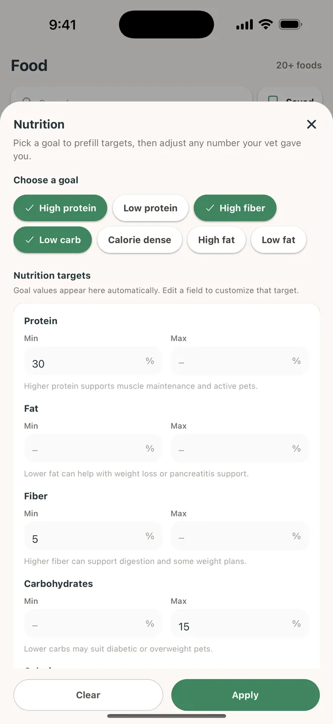 The LittlePetApp nutrition filter, with goals such as high protein and low carb selected and minimum and maximum targets set for protein, fat, fibre and carbohydrates